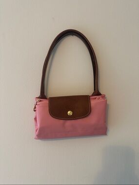 Longchamp Le Pliage Pink Shoulder Bag with Brown Trim and Gold Accent